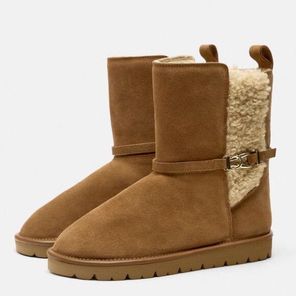 ZARA GENUINE SUEDE FAUX SHEARLING BOOTS - Picture 3 of 7